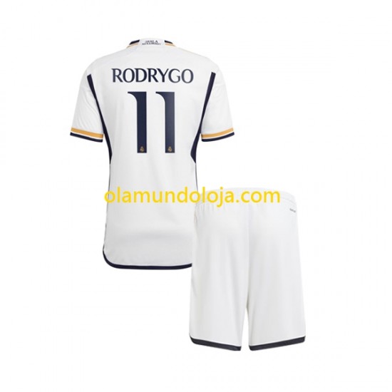 Camisola Real Madrid Rodrygo Goes 11 Criança Equipamento Primeiro 2023-2024 Manga Curta
